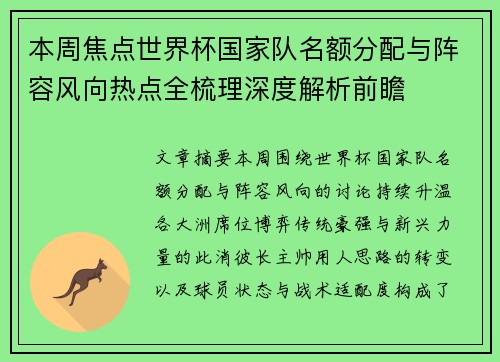 本周焦点世界杯国家队名额分配与阵容风向热点全梳理深度解析前瞻